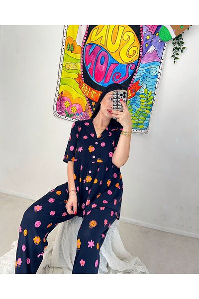 Pijamapartisi Maternity Maternity Pajamas Set with Floral Print Short Sleeve Wide Fit Lycra on Black Color