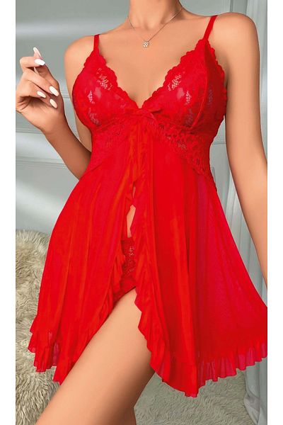 Bleu Petite Slit Lace Tulle Nightgown Thong Set