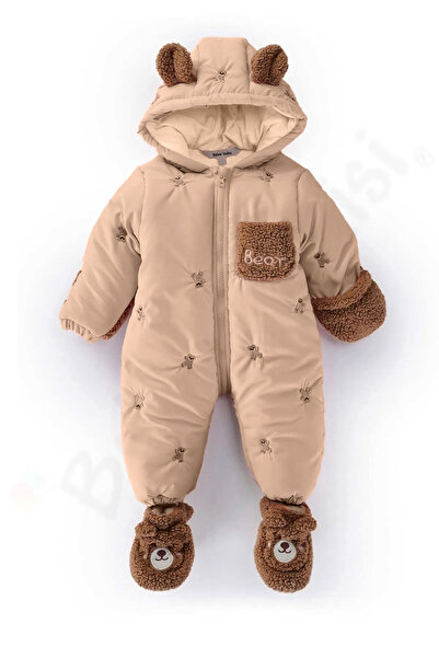 Ofislot Ayıcıklı Patikli Peluş Kar Kışlık Eldivenli Kapüşonlu Çocuk Erkek Beb...