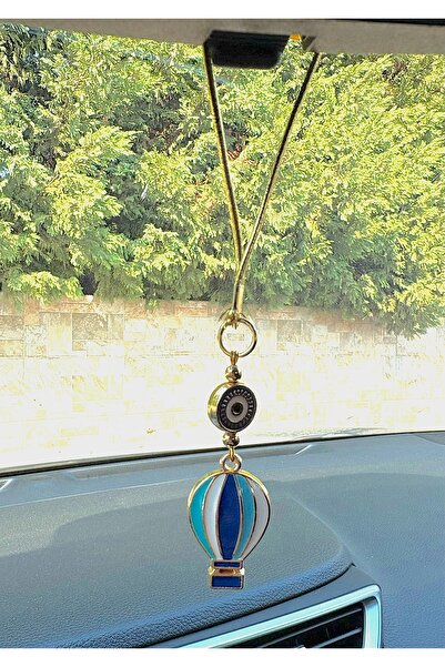 Azrua Ornament pentru oglindă auto cu balon zburător albastru aurit și mărgele Evil Eye, amuleta pentru mașină, protecție împotriva ochiului rău