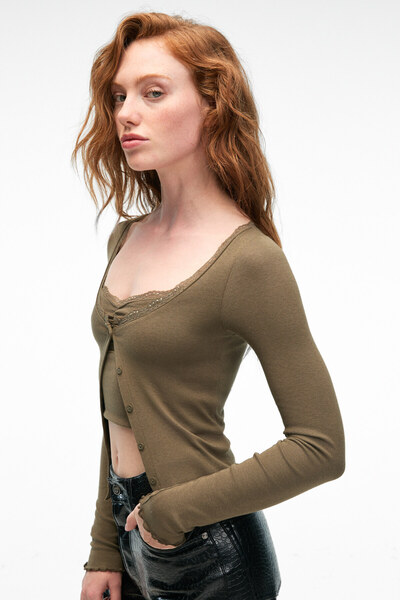 GRIMELANGE Elvura women's stretch fabric button-up blouse and tank top two-piece set - khaki blouse