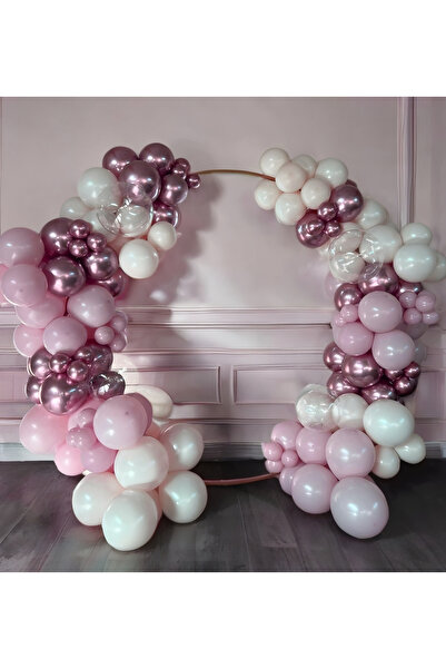 Öztürkpartievi Pembe Beyaz Pembe Krom Balon Zinciri 90 Adet Balonlu