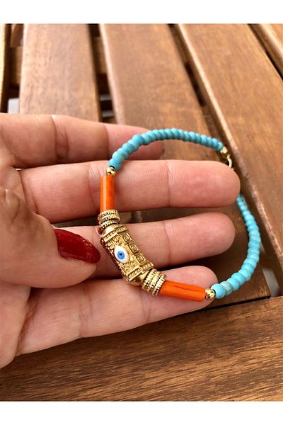 Gözde Tasarım Butik Women's Blue Orange Color Gold Detail Ankle Bracelet
