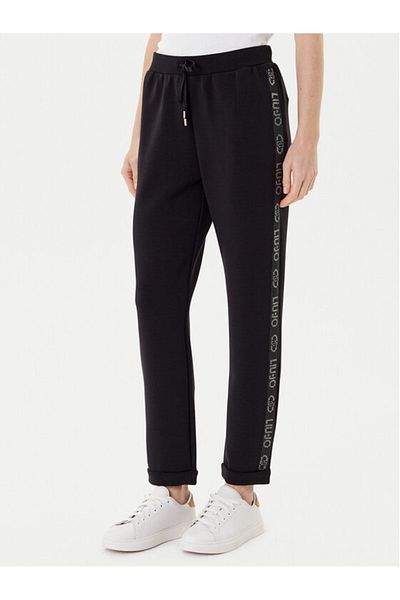 Liu Jo Women's Regular Fit Waist Drawstring Tie Side Logo Stripe Pattern Black Pants Tf5093J4616-22222