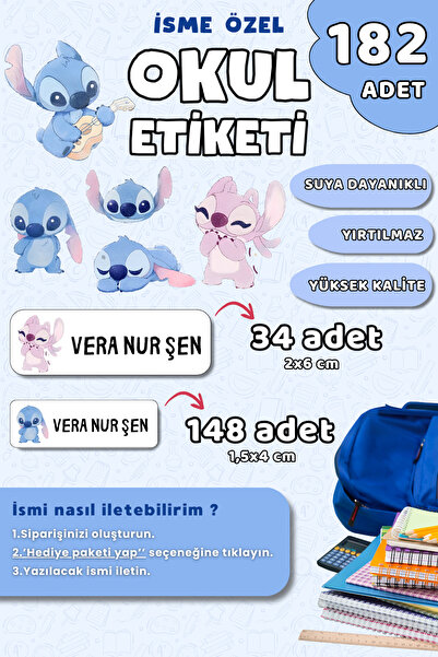 Hume Craft 182 Adet Okul Etiketi Kalem Defter Etiketi Stitch Temalı İsme Özel...