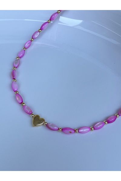 Twinssis Accessories Pink Bead Stone Necklace with Heart Detail