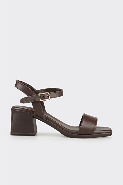 Elle Shoes Kahve Deri Kadın Topuklu Sandalet