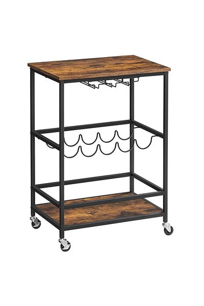JollyMag Mobile kitchen shelf, Artool, on wheels, pallet, steel, with glass and bottle holder, rustic brown