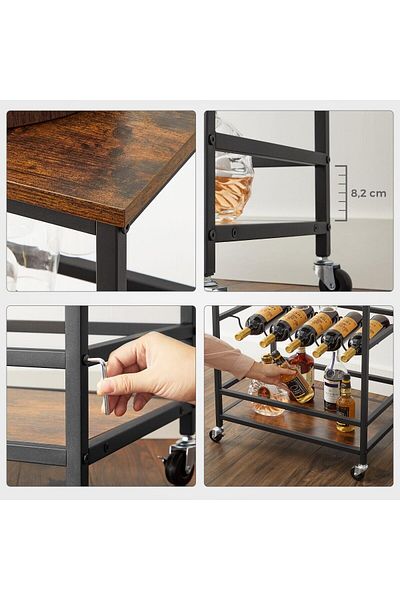 JollyMag Mobile kitchen shelf, Artool, on wheels, pallet, steel, with glass and bottle holder, rustic brown