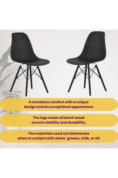 JollyMag Set 4 buc, Scaune Stil Scandinav cu Picioare din Lemn de Fag, Sezut PP, 46 x 54 x 81 cm, Negru