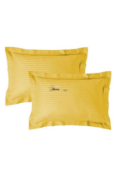 HomePuls Set 2 Pillowcases Damask Polycotton Stripe 1 cm, 50 x 70 cm with 3.5 cm Hem Border, Yellow