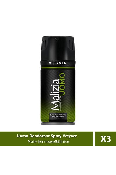 Malizia Uomo Deodorant Spray Vetyver, 150 ml X 3 Bucăți