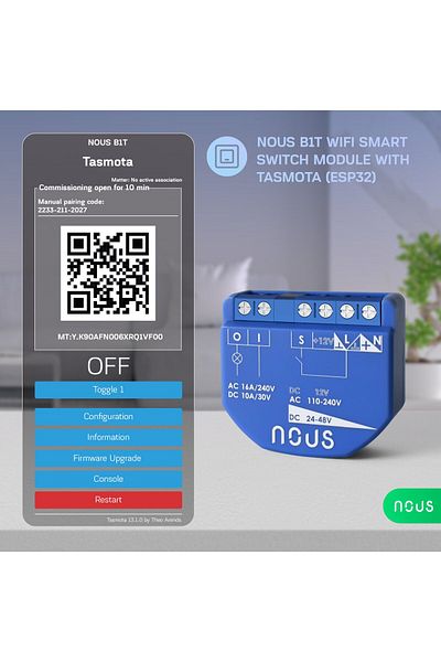 Nous Releu wireless B2T PM, 16A, Tasmota, Matter, Monitorizare energie - 1 canal, ESP32