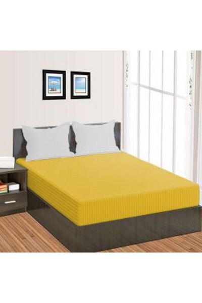 HomePuls Bed Sheet with Elastic Polycotton Damask Stripe 1 cm, 230 x 250 cm for Mattress 180 x 200 cm, Yellow