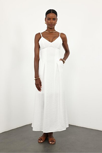 5in1Canpolat White V-Neck Back Detail Dress 12010