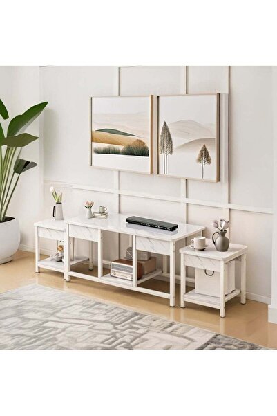 AGD 3-Piece Stackable Nesting Coffee Tables, TV Side Tables for Living Room / Marble White