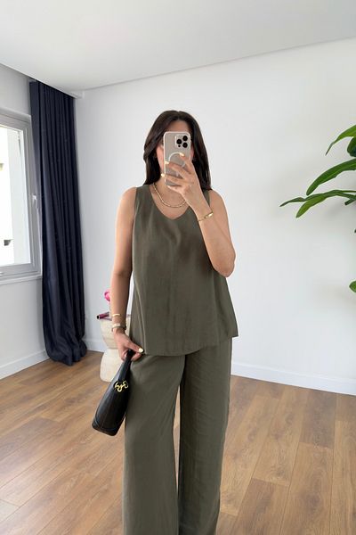 BİRCANÇİL Leyona Khaki V-Neck Blouse Pants Set