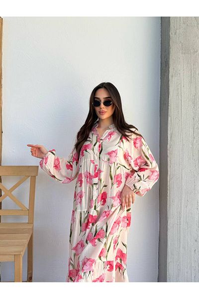 PREMİER VİE Testture Luna Pattern Pink Color Summer Lily Fabric V-Neck Dress