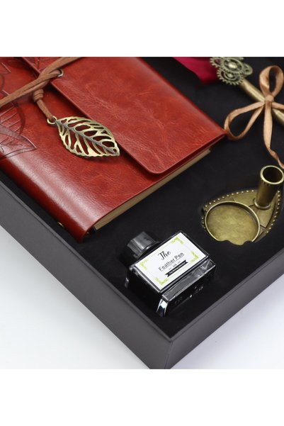 İkon store Tüylü Divit Kalem ve Deri Kapaklı Vintage Anı-Seyahat Defteri Seti