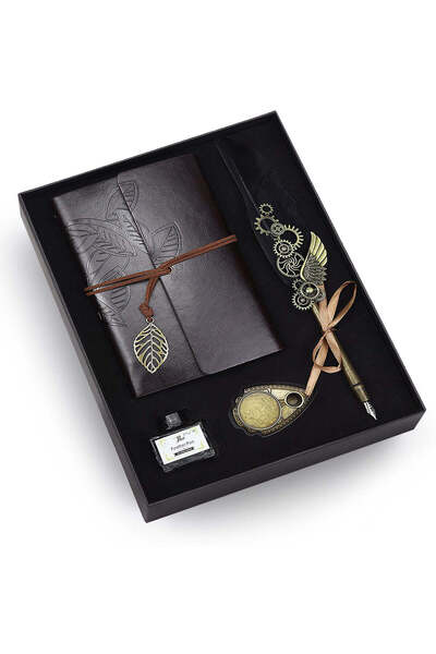 İkon store Tüylü Divit Kalem ve Deri Kapaklı Vintage Anı-Seyahat Defteri Seti