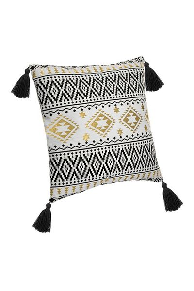 OEM Summer Pillow Ecru Black with Gold Foil Linear Pattern and Black Tassels