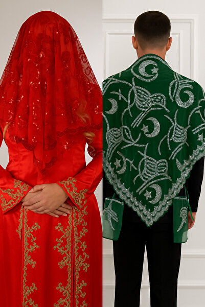 Evsay Kına Geceleri Için Pullu Gelin Ve Tuğra Damat Kına Örtüsü Ve Eldiveni I...