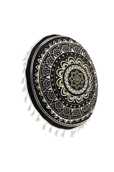 OEM Summer Decorative Pillow Black Golden Foil Mandala Beige Fringes