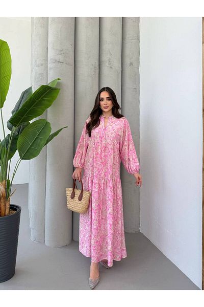 PREMİER VİE Testture Pink Color Lilyum Fabric V-Neck Dress Summer