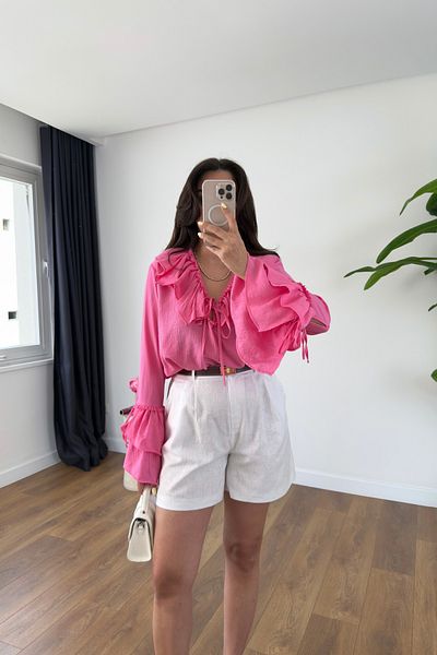 BİRCANÇİL Yunika Pink Ruffle Detailed Blouse
