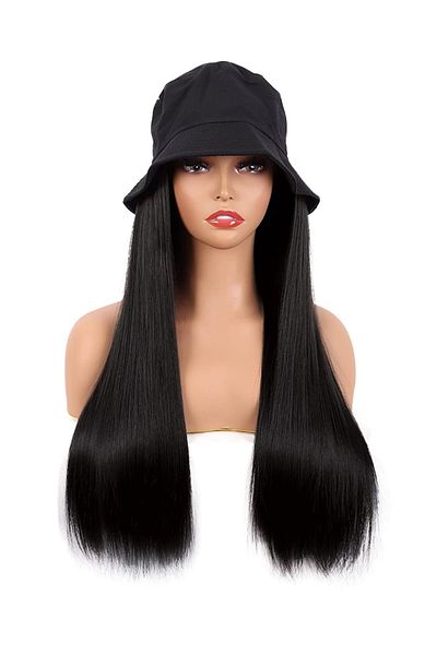 sharpdo Black Bucket Hat High Temperature Silk Long Straight Hair Synthetic Wig
