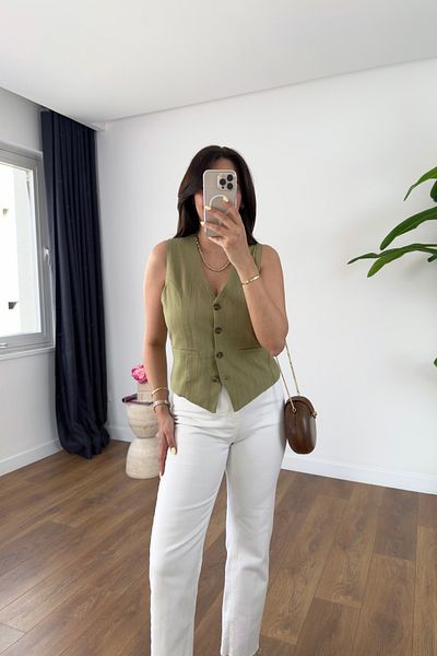 BİRCANÇİL Bloom Khaki Button Detailed Linen Vest