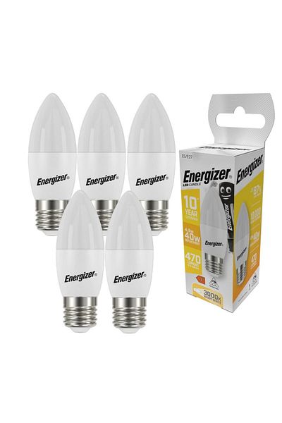 Energizer Set 5 becuri LED Candle Energizer, 4.9W, E27, 470 lumeni, 3000K, lumina calda, clasa energetica F