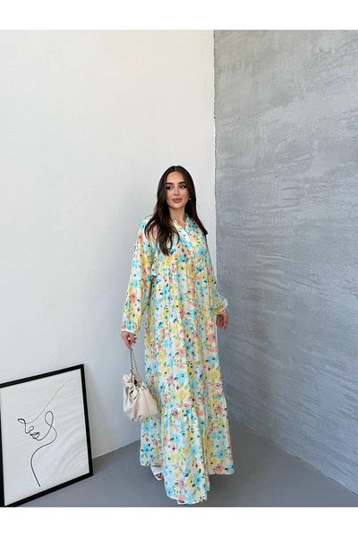 PREMİER VİE Testture Berra Pattern Summer Lilyum Fabric V-Neck Dress