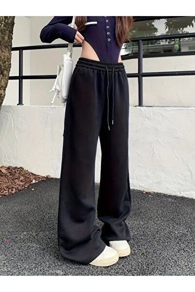 LOSSİA Γυναικείο μαύρο φαρδύ παντελόνι μεγάλου μεγέθους, χαλαρή εφαρμογή, ποι...