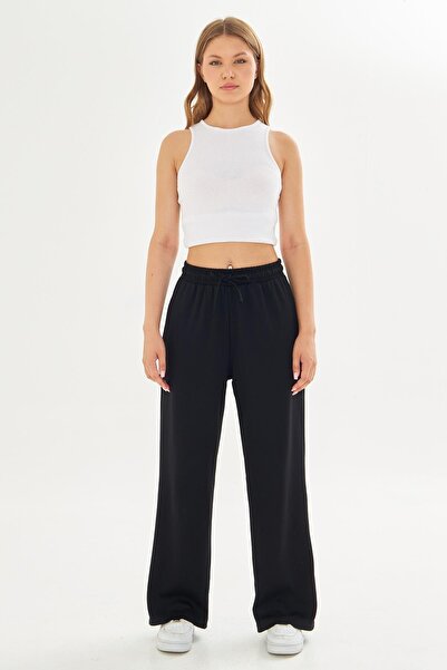 TRENDHİLL Γυναικείο ύφασμα Modal Άνετο Φούτερ με φαρδύ πόδι Μαύρο 8101-S