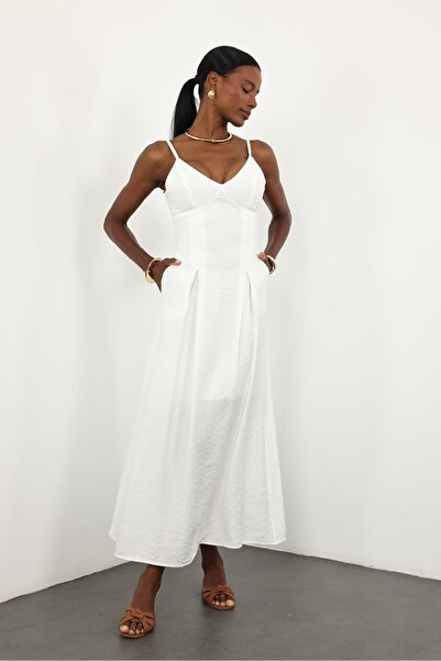 5in1Canpolat White V-Neck Back Detail Dress 12010