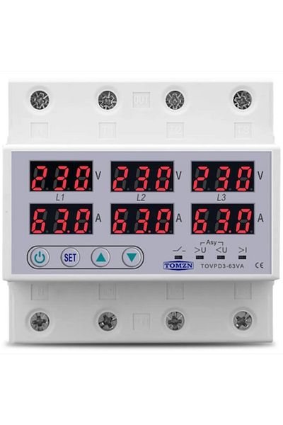 TOMZN Three-phase voltage relay, DIN rail, 3P+N, Voltmeter, Ammeter, Over and under voltage, Relay monitor