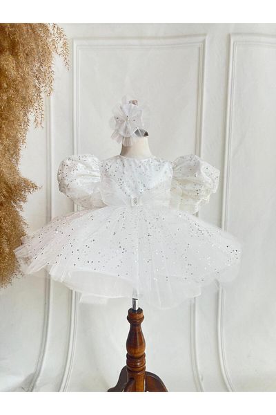 Hobidik Rochie de aniversare Tutu pentru fetiță cu detaliu fundă cu sclipici albe