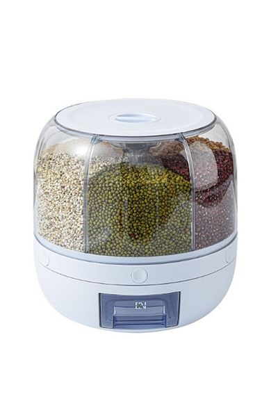 Flippy Dozator rotativ pentru cereale, 360 de grade, 6 compartimente, capacitate 3L, rezistent la umiditate, etanș, alb
