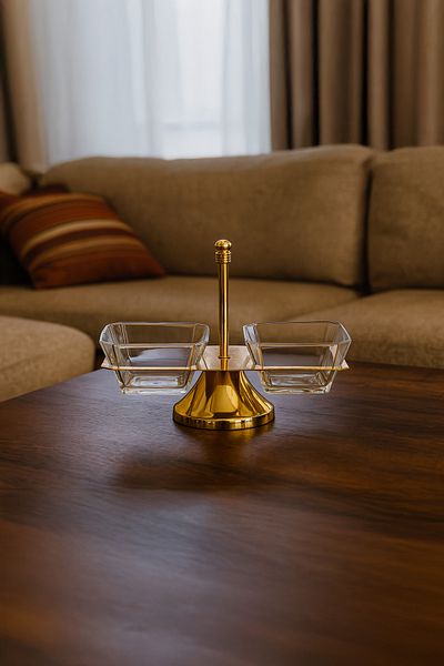 Vadi Riva Metal Body 2-Compartment Pedestal Gold Color Presentation Glass Bowl Snack Bowl Jam Bowl Breakfast Bowl