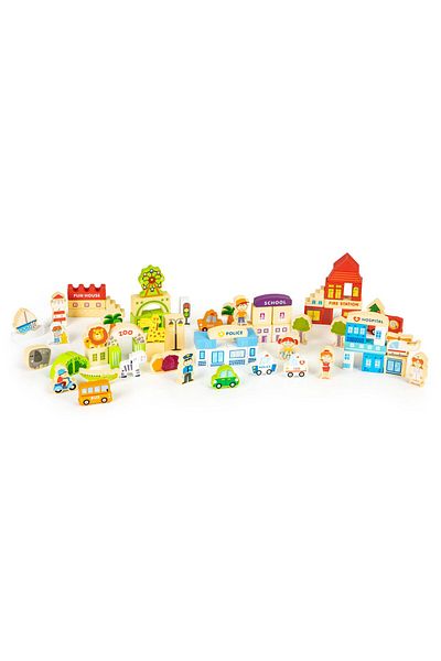 İSP Set Constructie Cuburi din Lemn 120 Piese "Oraselul din Lemn", ZOO, Dezvoltare Motrica si In