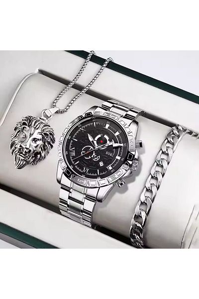 REDz Accessories Men's Watch, Stainless Steel, Chain Bracelet, Lion Chain, Masculine Style, Silver