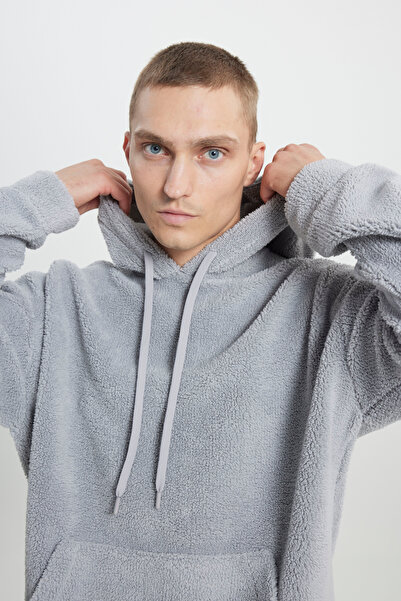 AC&Co / Altınyıldız Classics Men's Light Gray Oversize Loose Cut Hooded Sherpa Sweatshirt Fleece