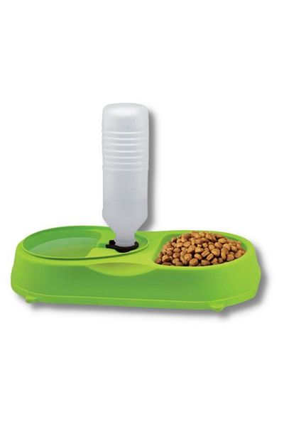 Mercaton Bol dublu pentru hrana si dozator de apa pentru animale de companie, 34x18x7 cm, Verde