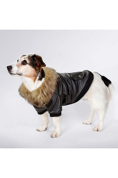 PETLESO jachetă de blană pentru câini, piele PU, neagră, XL