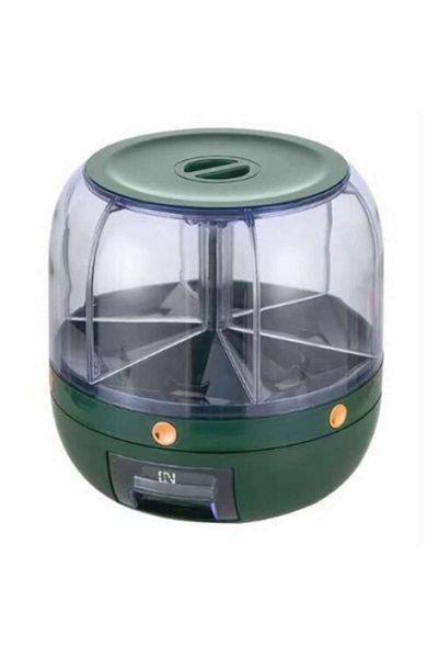 Flippy Dozator de cereale, rotativ la 360 de grade, 6 compartimente, 6 l, rezistent la umiditate, închidere etanșă, verde