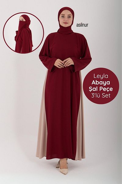 ASİLNUR Leyla Abaya (Ferace Dress) Set of 3 with Shawl Veil Gift Burgundy