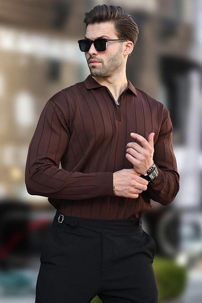 Madmext Dark Brown Polo Neck Zippered Knitted Sweater 7242