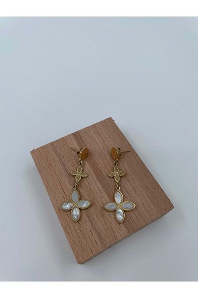 Xbaby White Filled Double Clover Gold Earrings