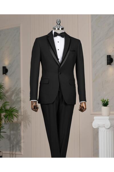 TerziAdemAltun İtalyan stil şal yaka ceket yelek pantolon damatlık set siyah ...